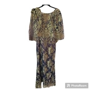 Marchesa Gold and Black gown with cape 4